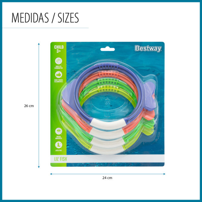 Juego de Piscina Bestway Lil Fish con 4 Anillos de Buceo de Colores Azul Naranja Verde para Niños - Imagen 4