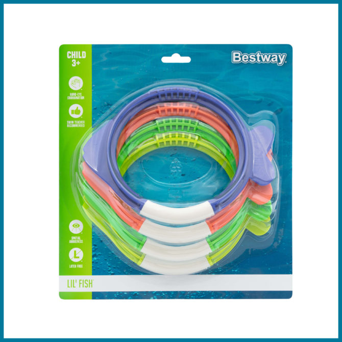 Juego de Piscina Bestway Lil Fish con 4 Anillos de Buceo de Colores Azul Naranja Verde para Niños - Imagen 5