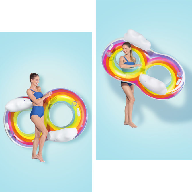 Flotador Hinchable Doble para Playa o Piscina Bestway Rainbow Dreams Swin Tube 172x102 cm con 2 Posavasos Multicolor - Imagen 3