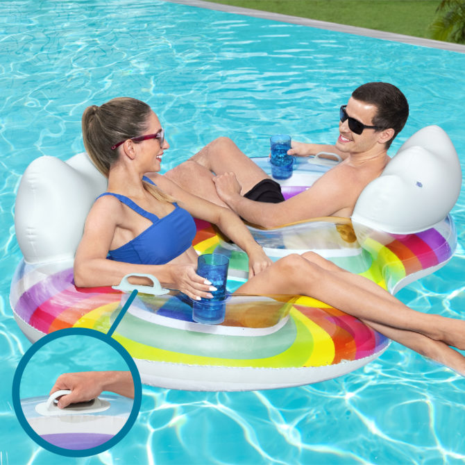 Flotador Hinchable Doble para Playa o Piscina Bestway Rainbow Dreams Swin Tube 172x102 cm con 2 Posavasos Multicolor - Imagen 5