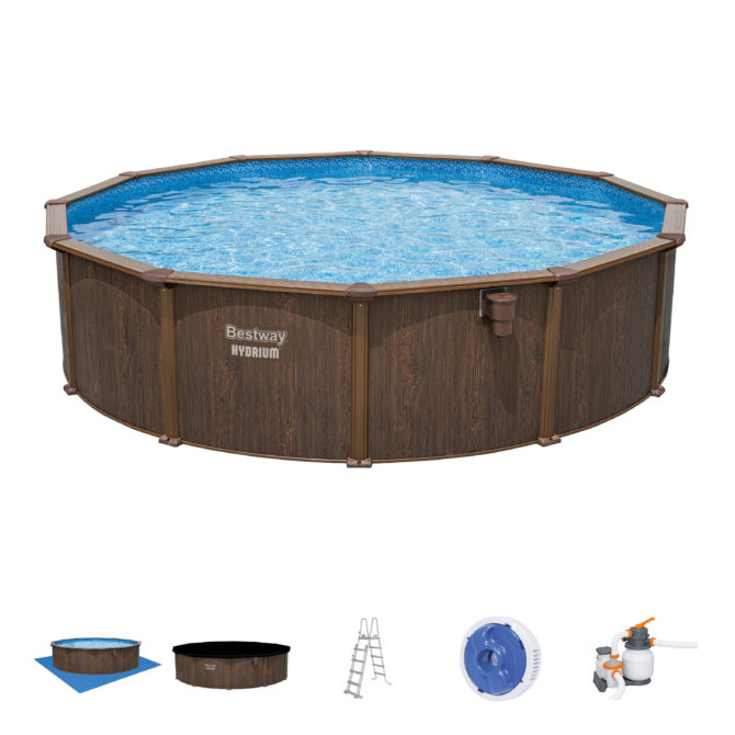 Piscina Desmontable Redonda de Acero Bestway Hydrium 550x130 cm Depuradora de Arena con Cobertor, Escalera y Tapiz Color Marrón