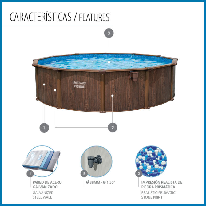 Piscina Desmontable Redonda de Acero Bestway Hydrium 550x130 cm Depuradora de Arena con Cobertor, Escalera y Tapiz Color Marrón - Imagen 3