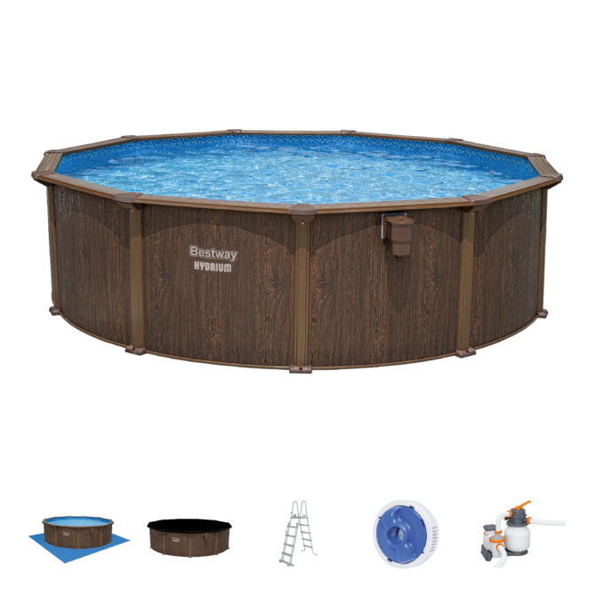 Piscina Desmontable Redonda de Acero Bestway Hydrium 490x130 cm Depuradora de Arena con Cobertor, Escalera y Tapiz Color Marrón