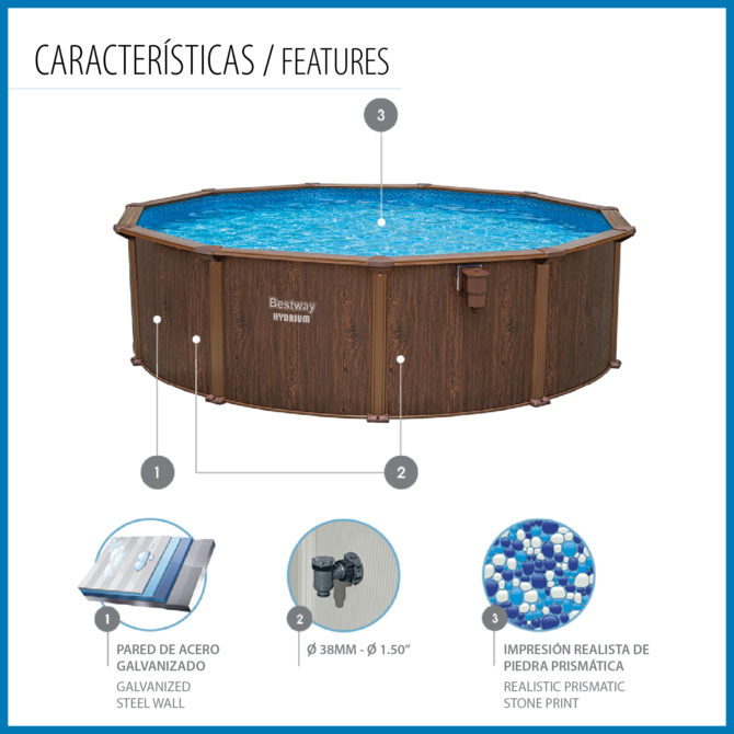 Piscina Desmontable Redonda de Acero Bestway Hydrium 490x130 cm Depuradora de Arena con Cobertor, Escalera y Tapiz Color Marrón - Imagen 3