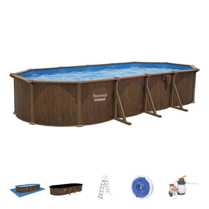 Piscina Desmontable Ovalada de Acero Bestway Hydrium 730x360x130 cm Depuradora de Arena, Cobertor, Escalera y Tapiz Color Marrón