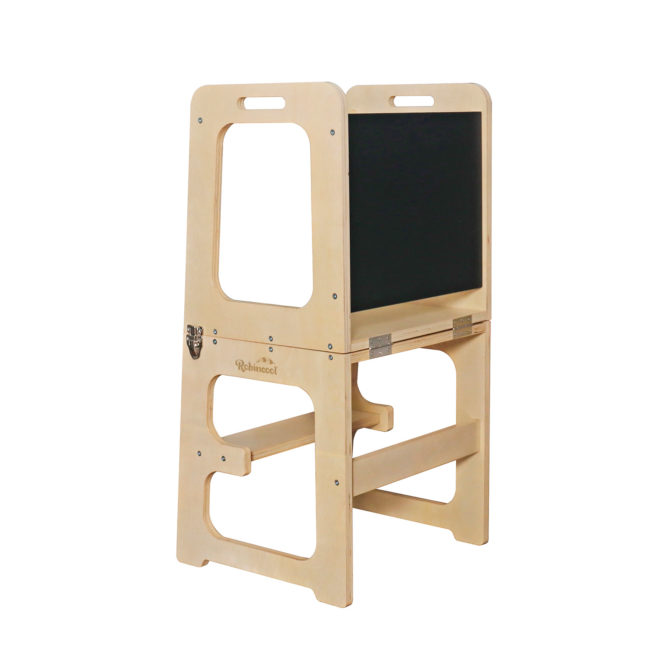 Torre de Aprendizaje de Madera para Bebés Montessori Robincool Evolutive II 43x40x86cm Convertible en Mesa y Silla 3 en 1 | Barra de Seguridad | Pizarra | Escalera Evolutiva Modular para Niños