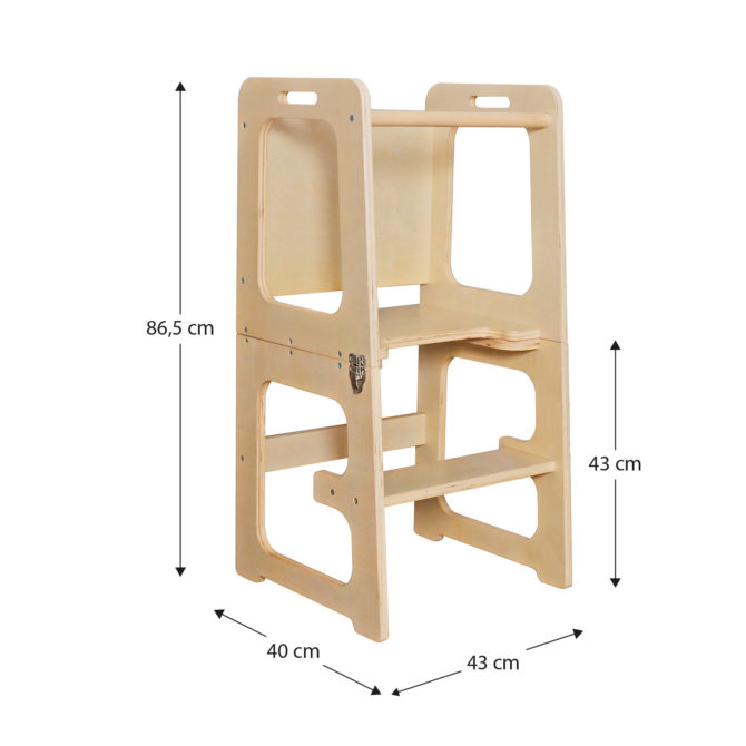 Torre de Aprendizaje de Madera para Bebés Montessori Robincool Evolutive II 43x40x86cm Convertible en Mesa y Silla 3 en 1 | Barra de Seguridad | Pizarra | Escalera Evolutiva Modular para Niños - Imagen 3