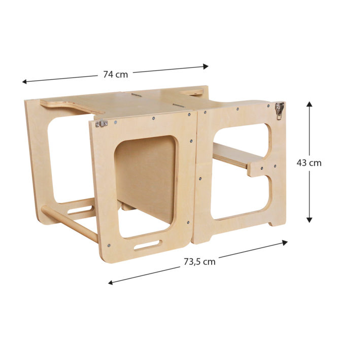 Torre de Aprendizaje de Madera para Bebés Montessori Robincool Evolutive II 43x40x86cm Convertible en Mesa y Silla 3 en 1 | Barra de Seguridad | Pizarra | Escalera Evolutiva Modular para Niños - Imagen 4