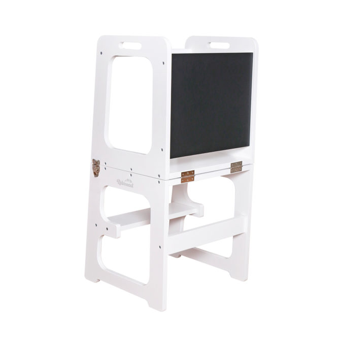 Torre de Aprendizaje Plegable Montessori Robincool Evolutive II Blanca 43x40x86cm Convertible en Mesa y Silla | Pupitre + Pizarra | Barra de Seguridad | Certificado CE y EN71 | Madera de Abedul