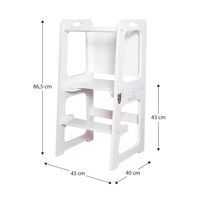 Torre de Aprendizaje Plegable Montessori Robincool Evolutive II Blanca 43x40x86cm Convertible en Mesa y Silla | Pupitre + Pizarra | Barra de Seguridad | Certificado CE y EN71 | Madera de Abedul - Imagen 3