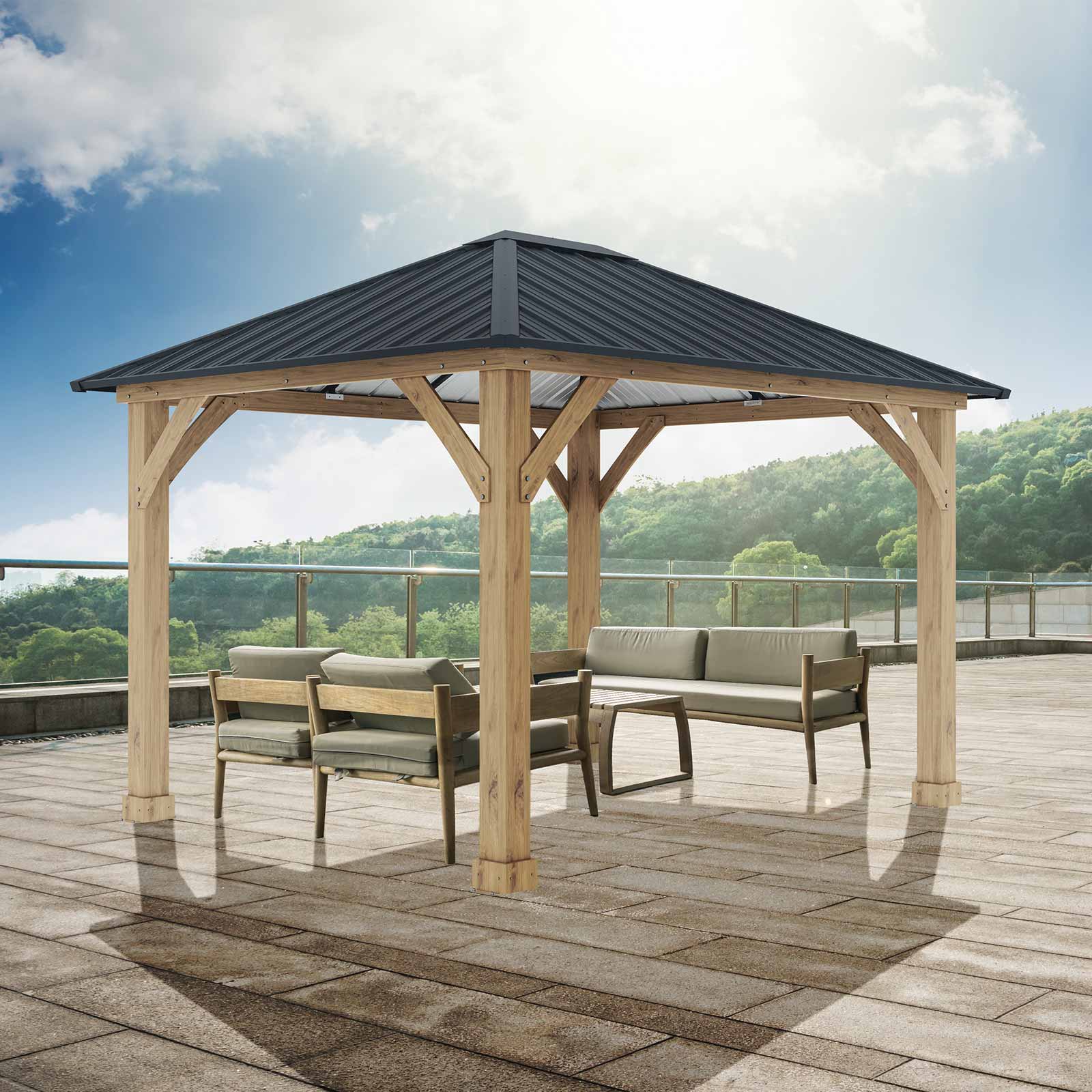 Pérgola de Jardín Gardiun Tucson 10,72 m2 362x297x283 cm Madera Laminada | Postes de 14x14 cm | Cubierta de Acero | Fijación Incluida - Imagen 2