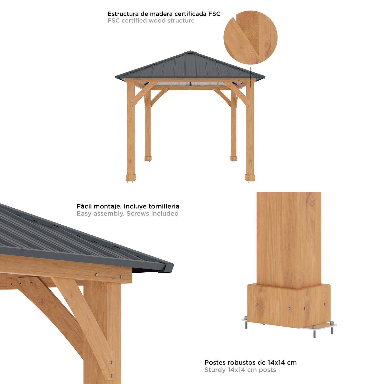 Pérgola de Jardín Gardiun Tucson 10,72 m2 362x297x283 cm Madera Laminada | Postes de 14x14 cm | Cubierta de Acero | Fijación Incluida - Imagen 3