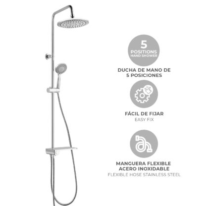 Columna de Ducha sin Grifo K2O Chillout Bay 96,5cm de Acero Inoxidable con Rociador, Repisa y Ducha de Mano con 5 Posiciones - Imagen 3