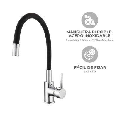 Grifo de Cocina K2O Flex 22x9,6x36,6 cm Grifo Monomando con Caño Giratorio y Flexible y Aireador Incorporado, Negro y Cromo - Imagen 6