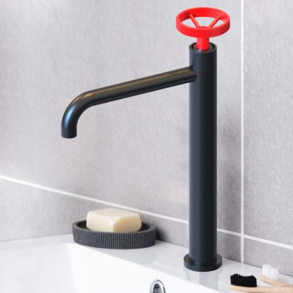 Pack Columna de Ducha 83-119cm y Grifo de Lavabo Monomando K2O 23x6,7x37cm Negro Mate Reguladores Rojos, Latiguillos y Aireador - Imagen 6