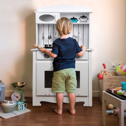 Cocina Infantil de Madera Eva Outdoor Toys 43x28,5x93 cm Cocina de Juguete Blanca con Accesorios, Luz LED y Sonidos - Imagen 2