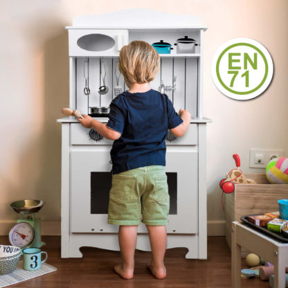 Cocina Infantil de Madera Eva Outdoor Toys 43x28,5x93 cm Cocina de Juguete Blanca con Accesorios, Luz LED y Sonidos - Imagen 5