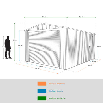 Garaje Metálico Gardiun Leicester 512x338x243 cm - 17,3 m² Puerta Lateral para Acceso Peatonal | Puerta Enrrollable con Cerrojo de Seguridad 250x188 cm | Verde - Imagen 4