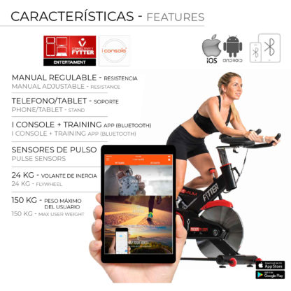 Bicicleta Ciclo Indoor Fytter Rider RI-08R 128x53x119cm 7 Funciones, Inercia 24Kg, Pulsómetro, Resistencia Ajustable y Bluetooth - Imagen 3