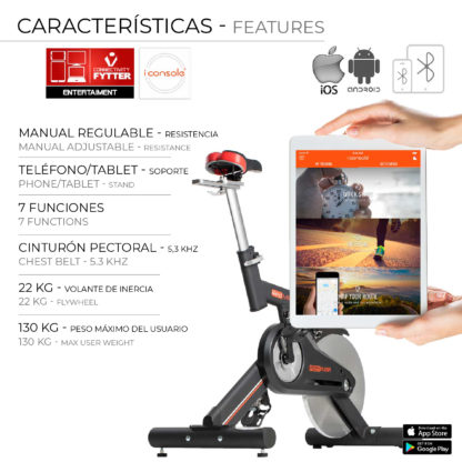 Bicicleta Ciclo Indoor Fytter Rider RI-09R Generation II 128x53x119 cm 7 Funciones, Inercia 22 Kg, Banda Torácica y Bluetooth - Imagen 3