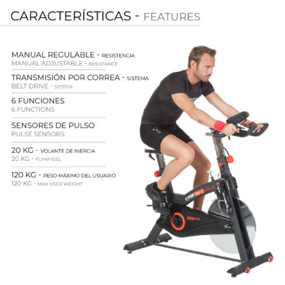 Bicicleta Ciclo Indoor Fytter Rider RI-05R 125x50,5x115 cm 6 Funciones, Pulsómetro, Inercia 20 Kg y Resistencia Regulable - Imagen 3