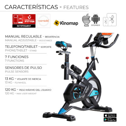 Bicicleta Ciclo Indoor Fytter Rider RI-2X 115x51x116cm 7 Funciones, Pulsómetro, Inercia 13 Kg, Resistencia Ajustable y Bluetooth - Imagen 3