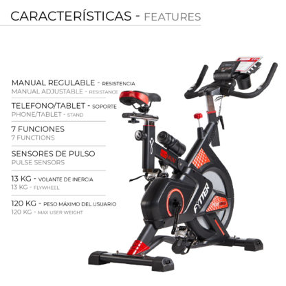 Bicicleta Ciclo Indoor Fytter Rider RI-02R 114x51x116 cm 7 Funciones, Pulsómetro, Inercia 13 Kg y Resistencia Regulable - Imagen 3