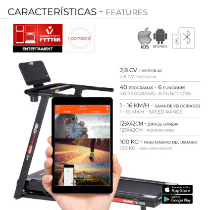 Cinta de Correr Motorizada y Plegable Fytter Runner RU-4XR 152x69x135cm 16km/h, 12 Niv. Inclinación, Pantalla Táctil y Bluetooth - Imagen 3