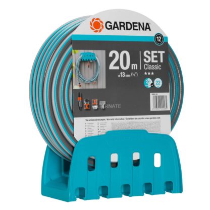 Kit de Manguera de Jardín Gardena Classic con Manguera de 20 m y 13 mm, Soporte Mural y Lanza con Boquilla Ajustable