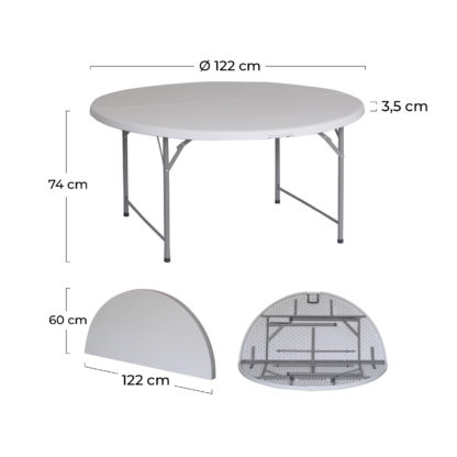 Mesa Redonda Plegable y Portátil Gardiun New Koln Ø122x74 cm de Resina en Color Blanco con Asa y Sistema de Bloqueo - Imagen 4