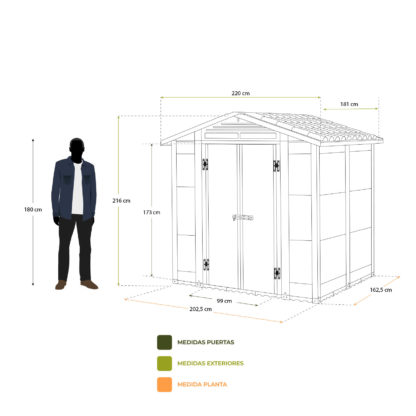 Caseta de Resina Gardiun Urban 200 - 3,98 m² 220x181x177/216 cm con Suelo de 45 mm y Puerta Abatible de Doble Hoja | Gris - Imagen 4