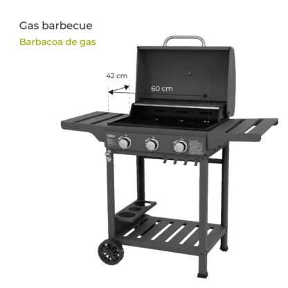 Barbacoa de Gas Portátil Kekai Leech 118,5x57,5x104,5 cm 9 kW con 3 Quemadores, Termómetro, Mesas Laterales, Balda y Ruedas - Imagen 3