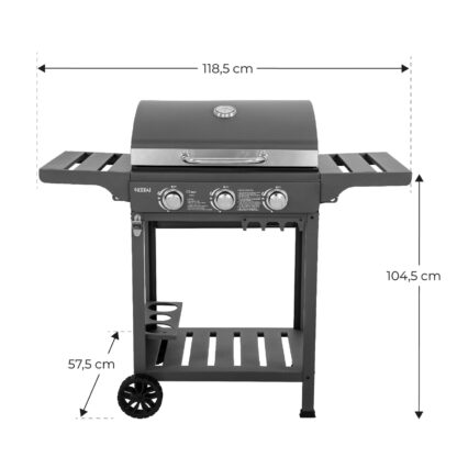 Barbacoa de Gas Portátil Kekai Leech 118,5x57,5x104,5 cm 9 kW con 3 Quemadores, Termómetro, Mesas Laterales, Balda y Ruedas - Imagen 4