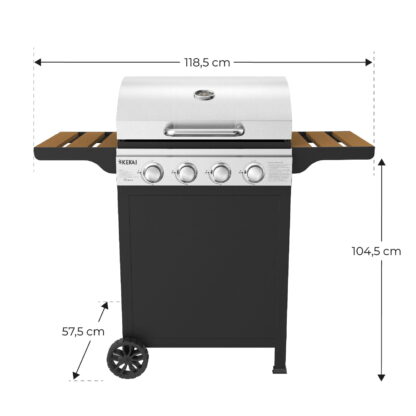 Barbacoa de Gas Portátil Kekai Fort Peck 118,5x57,5x104,5 cm de 12 kW con 4 Quemadores, Termómetro, Mesas Laterales y Ruedas - Imagen 4