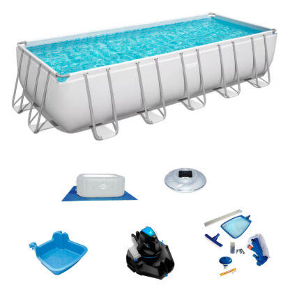 Pack Piscina Bestway Rectangular 640x274x132 cm con Accesorios de Mantenimiento de Piscina y Robot Limpiafondos Incluidos