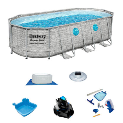 Pack Piscina Bestway Power Steel Ovalada 549x274x122 cm Accesorios de Mantenimiento de Piscina y Robot Limpiafondos Incluidos