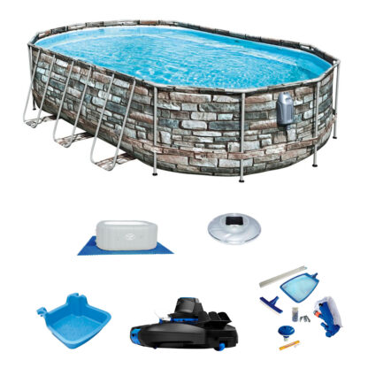 Pack Piscina Bestway Ovalada 610x366x122 cm y depuradora Accesorios de Mantenimiento de Piscina y Robot Limpiafondos Incluido