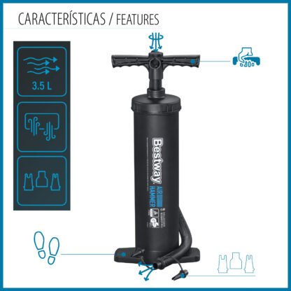 Inflador Manual Bestway Air Hammer 48 cm con Manguera Flexible 80 cm 3 Adaptadores Válvulas | Mango Adaptado y Fácil Instalación - Imagen 3