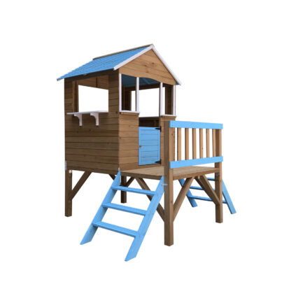 Casita Infantil de Madera Robincool Blue Melody 3,23 m² de 198x170x197 cm con 2 Alturas, Barandilla, Porche y Escaleras