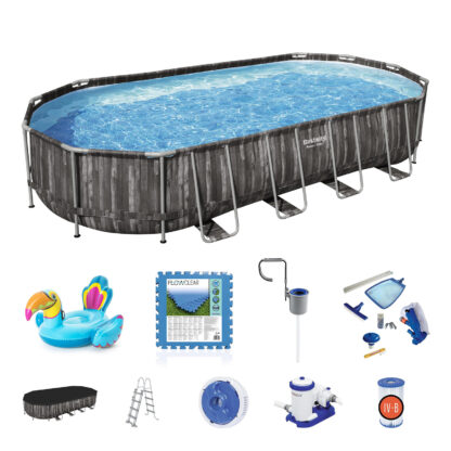 Pack Piscina Bestway Power Steel Oval 732x366x122 cm Depuradora, Kit de Limpieza, Cobertor, Tapiz, Escalera y Flotador Hinchable