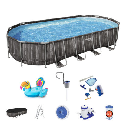 Pack Piscina Bestway Power Steel Oval 732x366x122 cm con Depuradora, Kit de Limpieza, Cobertor, Escalera y Flotador Hinchable