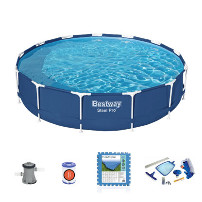 Pack Piscina Desmontable Bestway Steel Pro 396x84 cm con Depuradora de Cartucho 2.006 L/h, Kit de Mantenimiento y Tapiz de Suelo