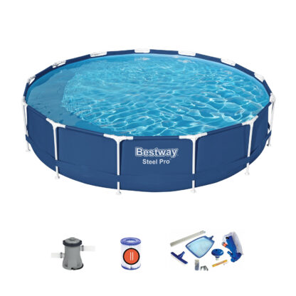 Pack Piscina Desmontable Redonda Bestway Steel Pro 396x84 cm con Depuradora de Cartucho 2.006 L/h y Kit de Mantenimiento