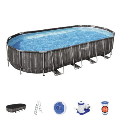 Piscina Desmontable Tubular Bestway Power Steel Oval Diseño Madera 732x366x122 cm con Depuradora Cartucho 9.463 L/H con Cobertor y Escalera