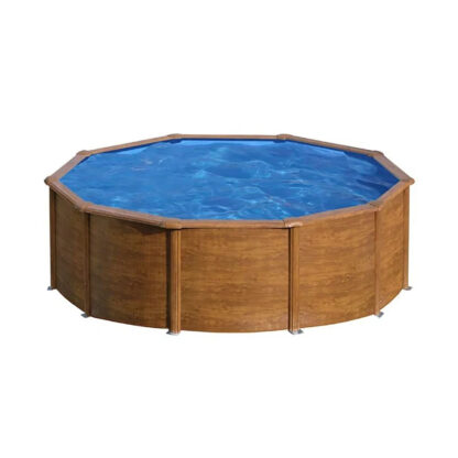 Gre Pacific Piscina Redonda de Aço Escada 460x120 cm com Plataforma e Purificador de Areia 4.000 L/h, Efeito Madeira