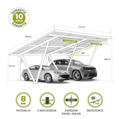 Marquesina Fotovoltaica de 2 Plazas Gardiun Pearson 715x556x366cm Cochera de Aluminio | Vierteaguas y 20 Paneles Solares de 410W - Imagen 4