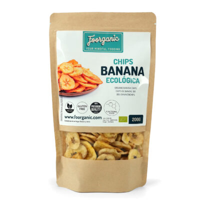 Banana Chips Ecológicos Foorganic Pack 200g | Snack Natural Sin Aditivos | Producido en España | Vegano | Fuente de Energía y Rico en Fibra