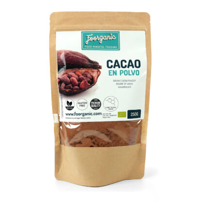 Cacao en Polvo Ecológico Foorganic Pack  250g | Superalimento Natural Sin Aditivos | Producido en España | Vegano y Nutritivo | Sin azúcar