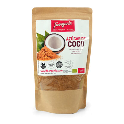 Azúcar de Coco Ecológica Foorganic Pack  400g | Endulzante Natural Sin Refinar | Producido en España | Sabor Suave y Nutritivo | Sin aditivos | Vegano