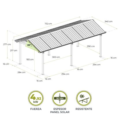 Marquesina Solar Gardiun Techno Becquerel I 340x712x277 cm Cochera | Paneles Fotovoltaicos Aluminio 30 mm | Sistema Aguas Pluviales - Imagen 4